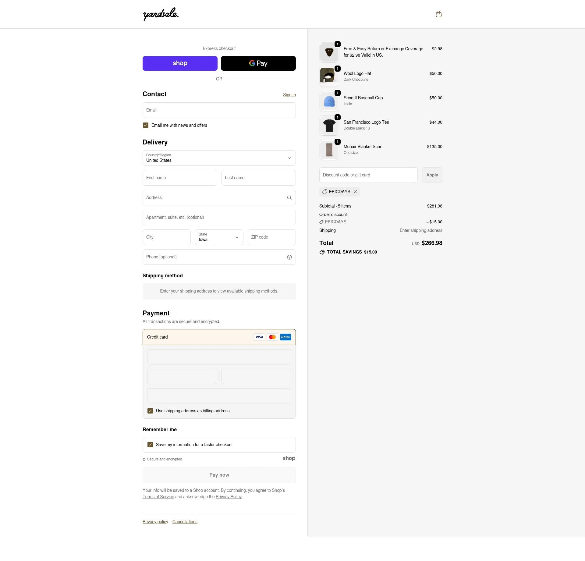 Yardsale checkout page showing Yardsale coupon code box | Screenshot taken by SimplyCodes community member on Dec 17, 2025