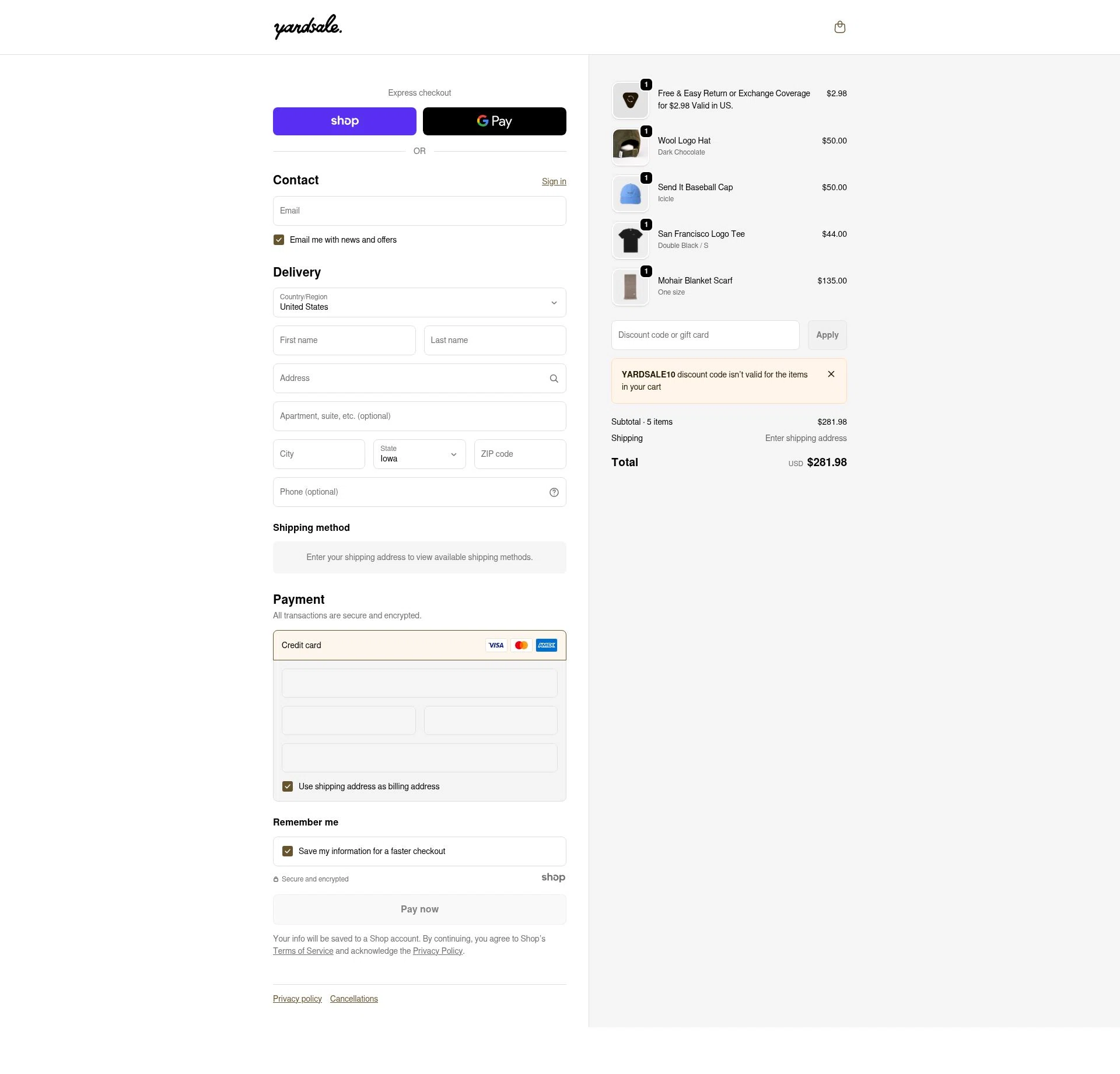 Yardsale checkout page showing Yardsale coupon code box | Screenshot taken by SimplyCodes community member on Dec 17, 2025