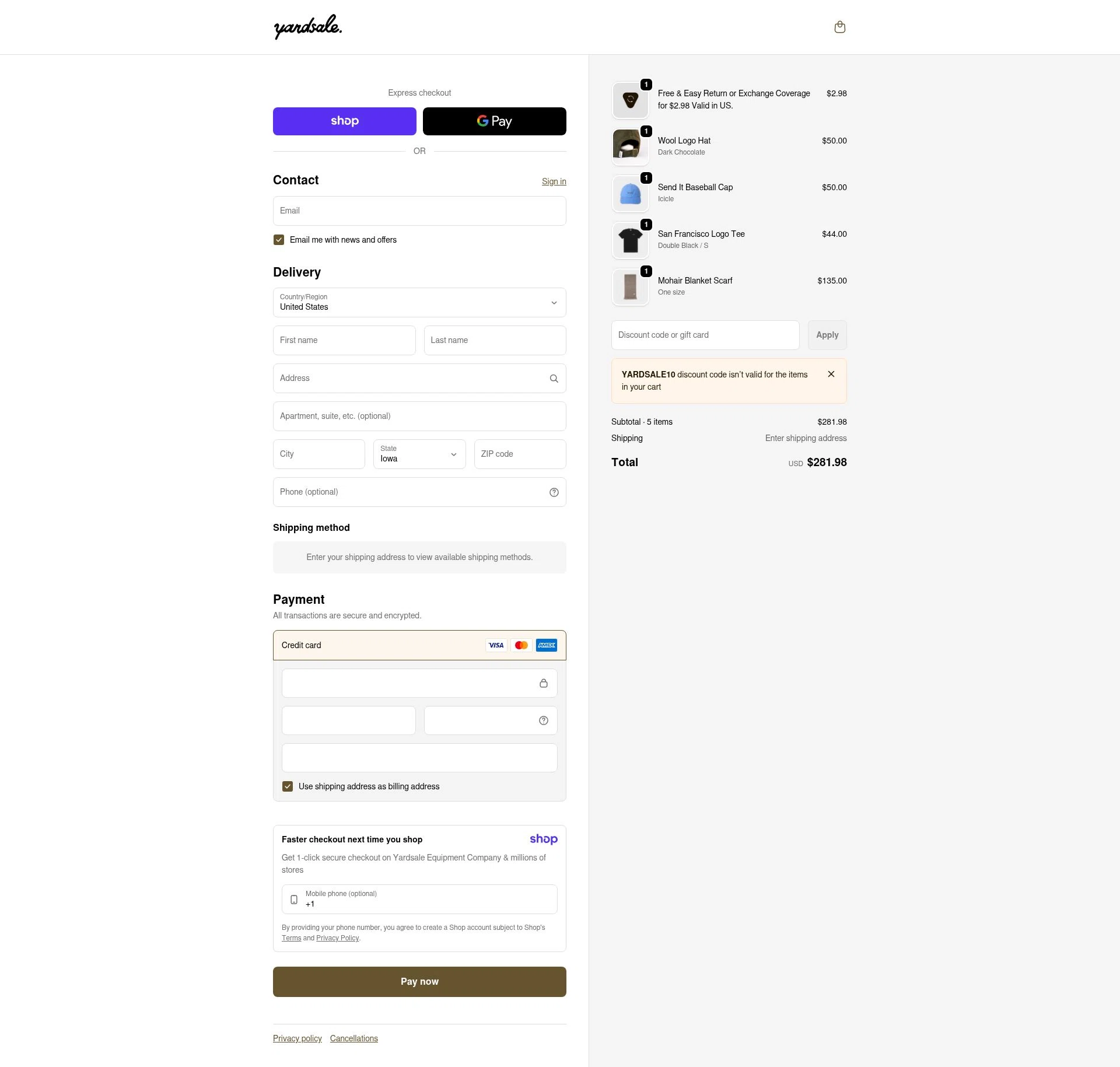 Yardsale checkout page showing Yardsale coupon code box | Screenshot taken by SimplyCodes community member on Jan 8, 2026