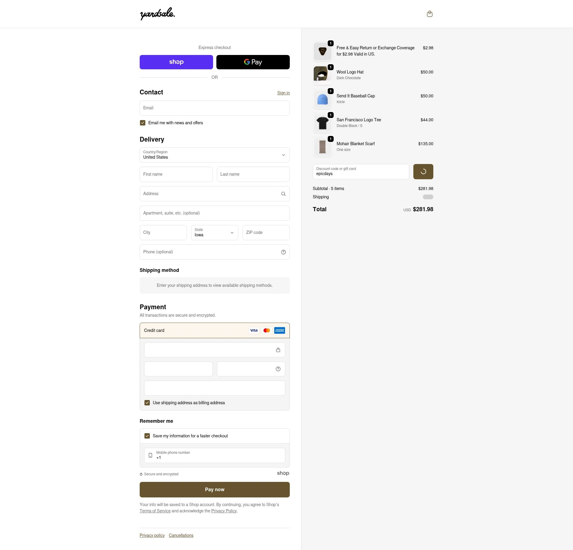 Yardsale checkout page showing Yardsale coupon code box | Screenshot taken by SimplyCodes community member on Jan 3, 2026