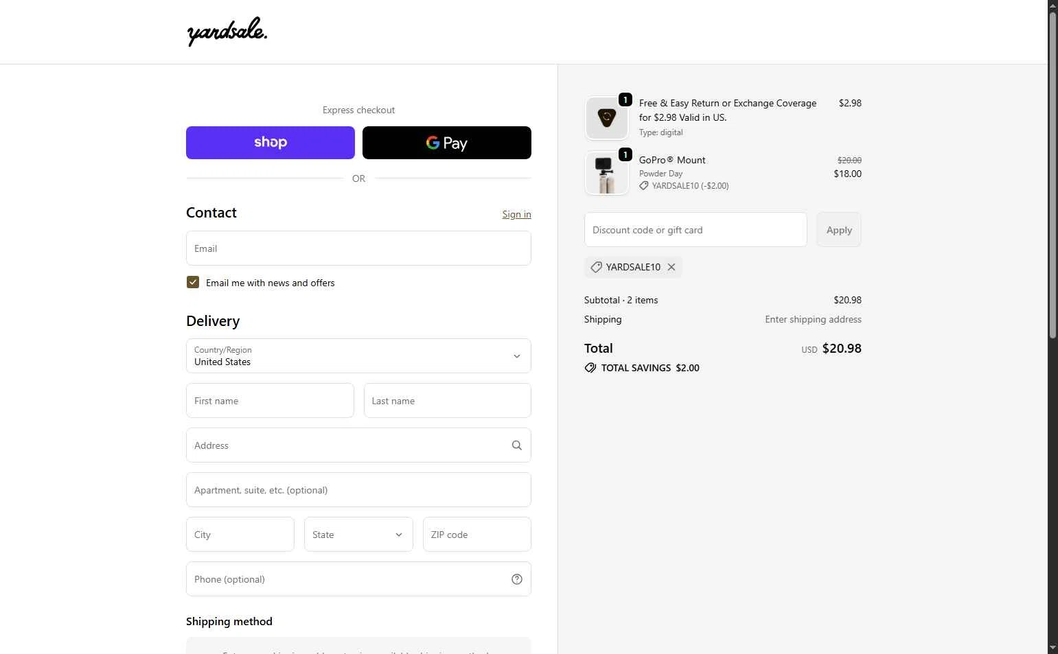 Yardsale checkout page showing Yardsale coupon code box | Screenshot taken by SimplyCodes community member on Dec 29, 2025