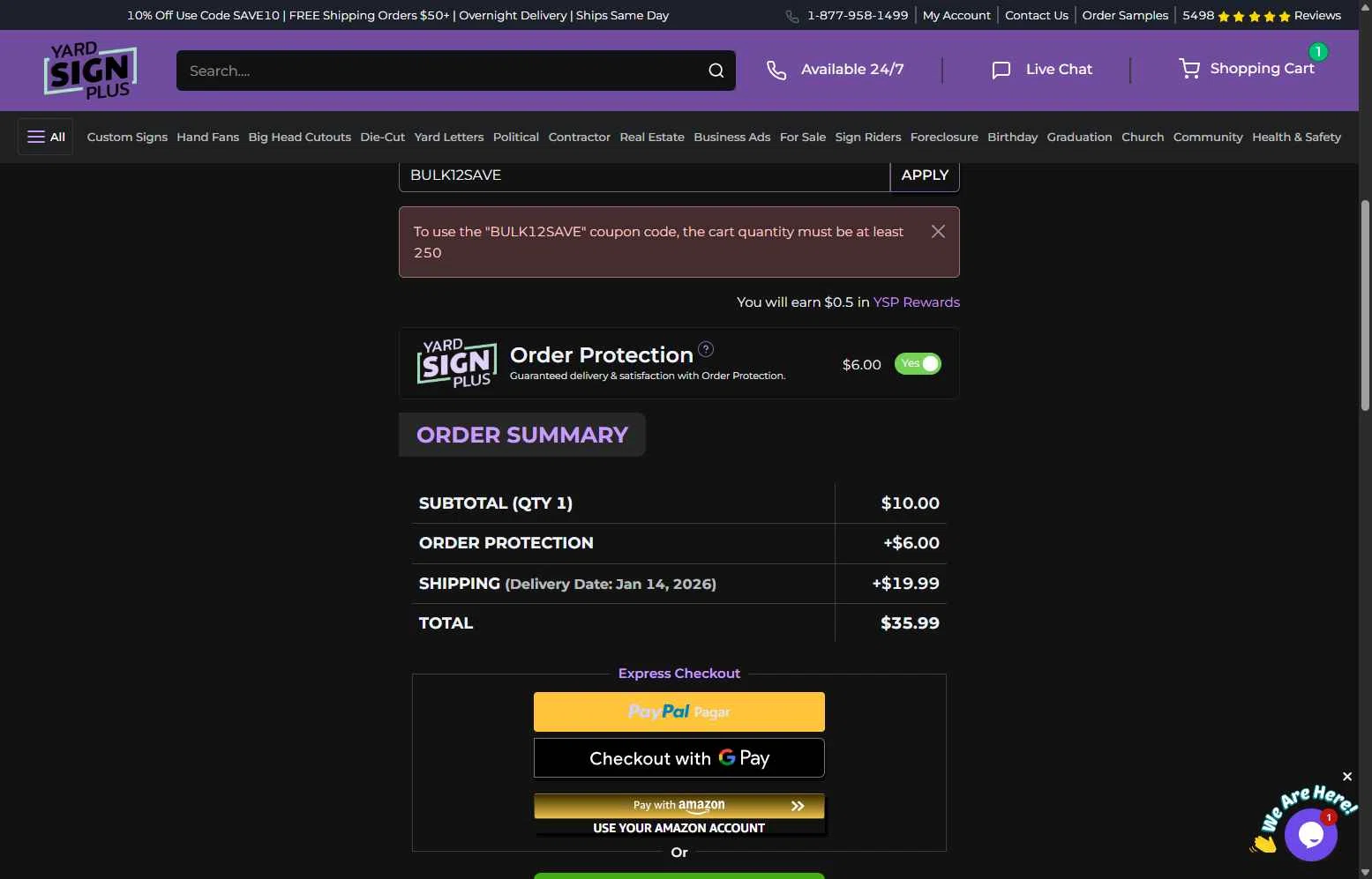Yard Sign Plus checkout page showing Yard Sign Plus coupon code box | Screenshot taken by SimplyCodes community member on Jan 8, 2026