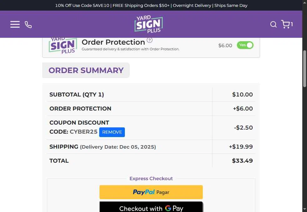Yard Sign Plus checkout page showing Yard Sign Plus coupon code box | Screenshot taken by SimplyCodes community member on Dec 1, 2025