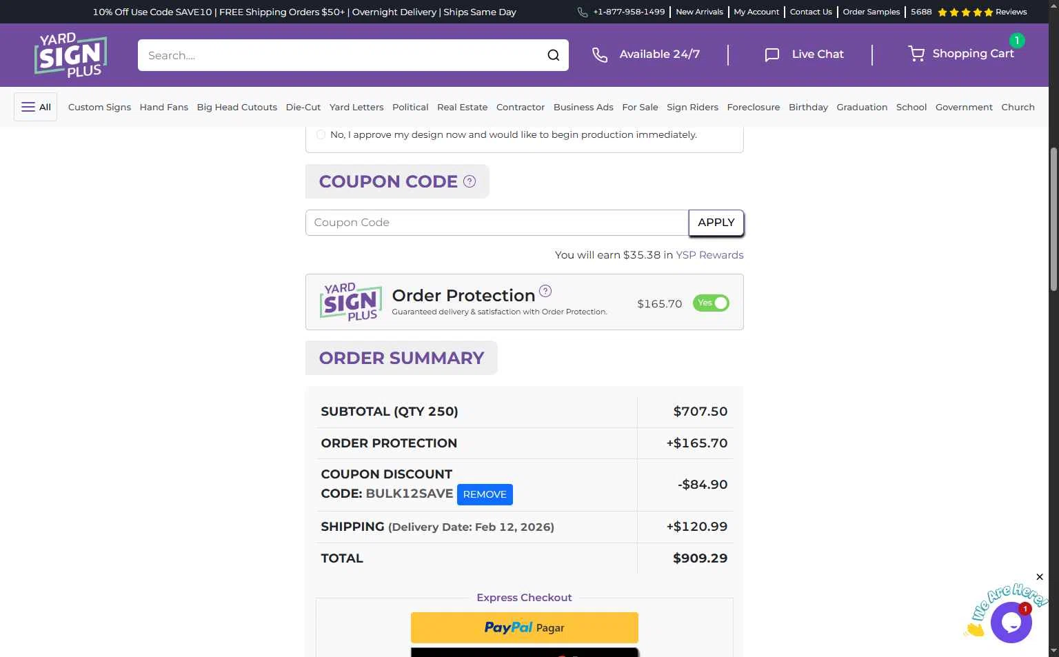 Yard Sign Plus checkout page showing Yard Sign Plus coupon code box | Screenshot taken by SimplyCodes community member on Feb 6, 2026