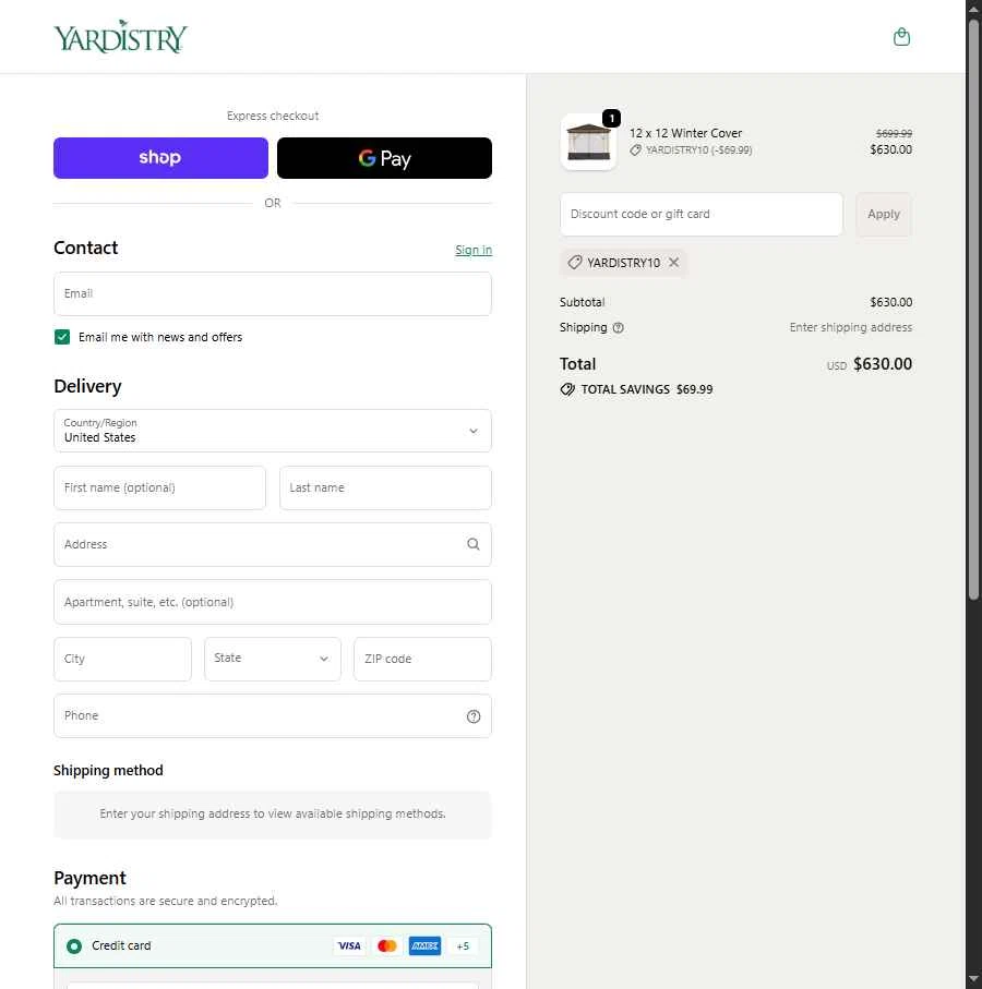Yardistry Structures checkout page showing Yardistry Structures promo code box | Screenshot taken by SimplyCodes community member on Feb 6, 2026