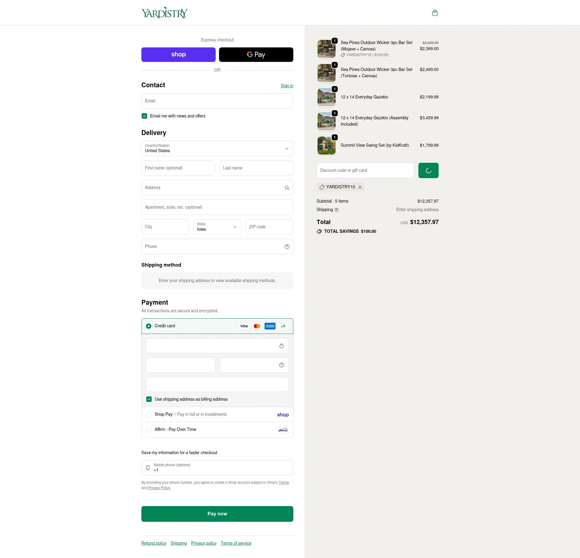 Yardistry Structures checkout page showing Yardistry Structures promo code box | Screenshot taken by SimplyCodes community member on Feb 3, 2026