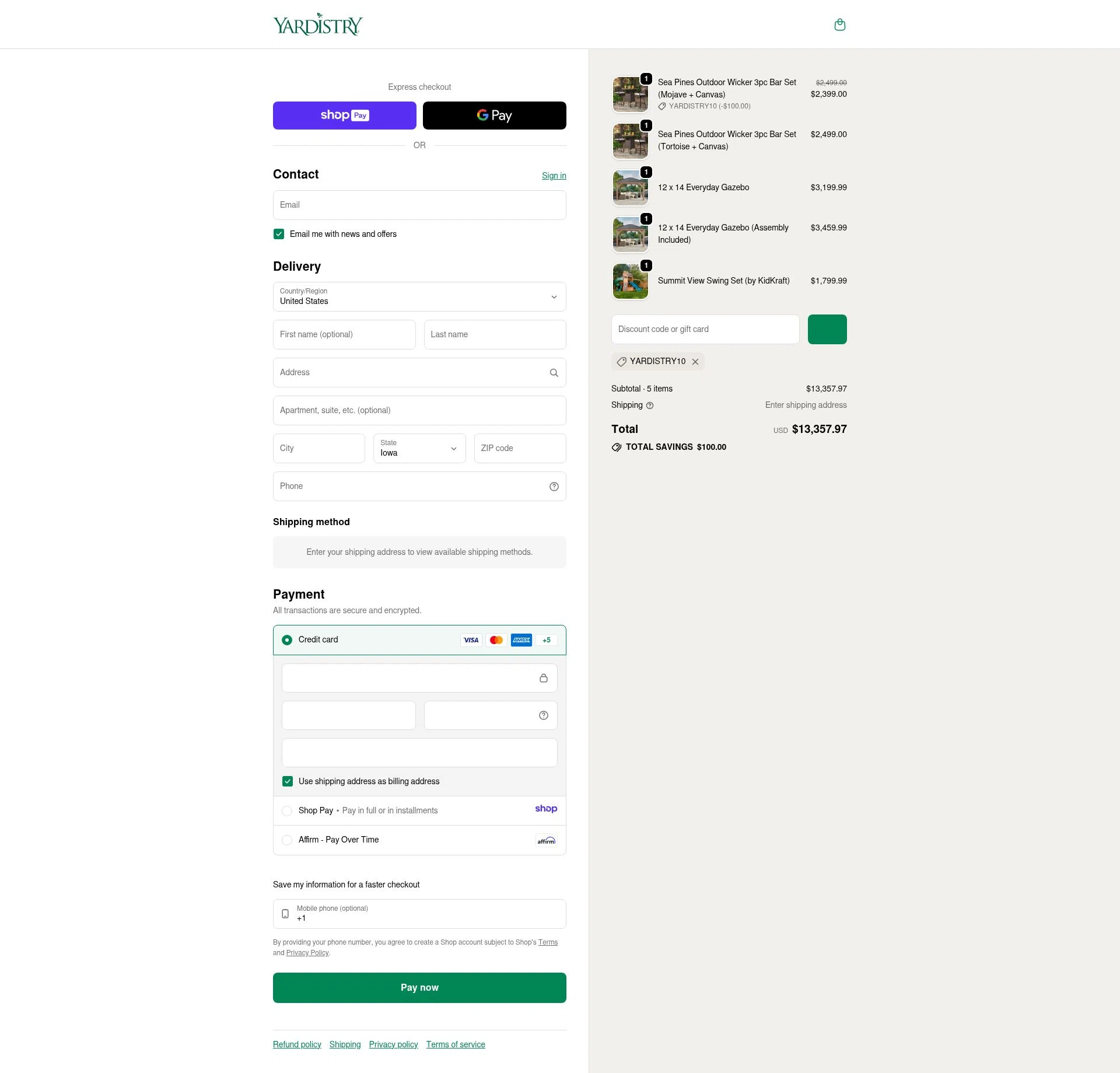 Yardistry Structures checkout page showing Yardistry Structures promo code box | Screenshot taken by SimplyCodes community member on Jan 11, 2026