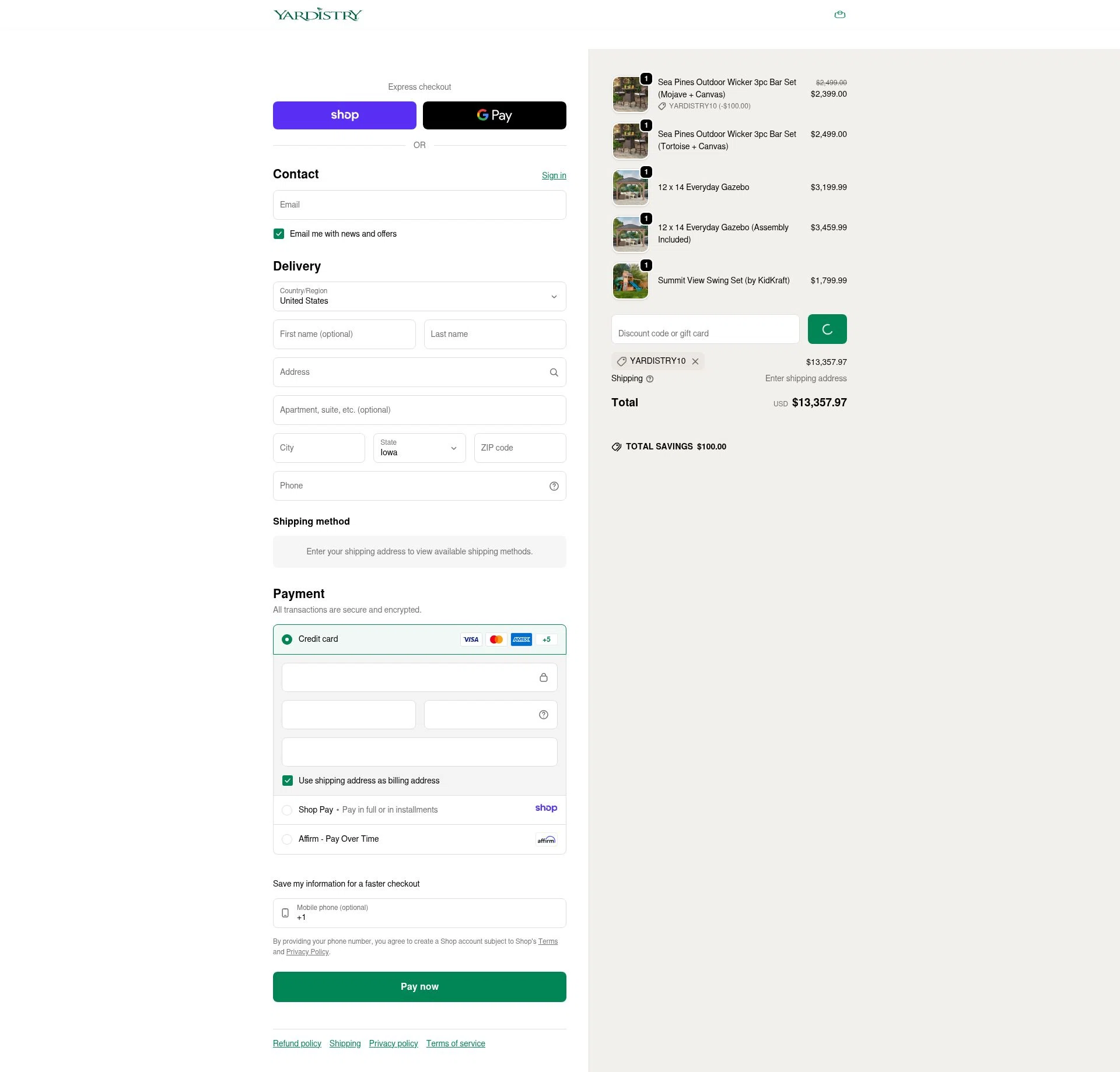 Yardistry Structures checkout page showing Yardistry Structures promo code box | Screenshot taken by SimplyCodes community member on Jan 16, 2026