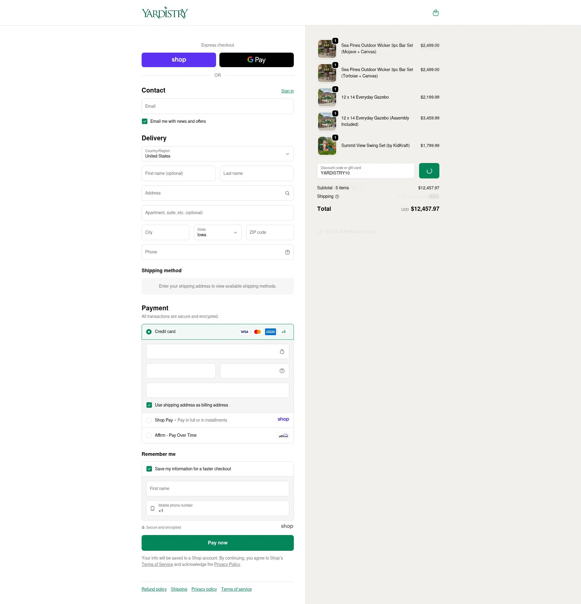Yardistry Structures checkout page showing Yardistry Structures promo code box | Screenshot taken by SimplyCodes community member on Jan 1, 2026