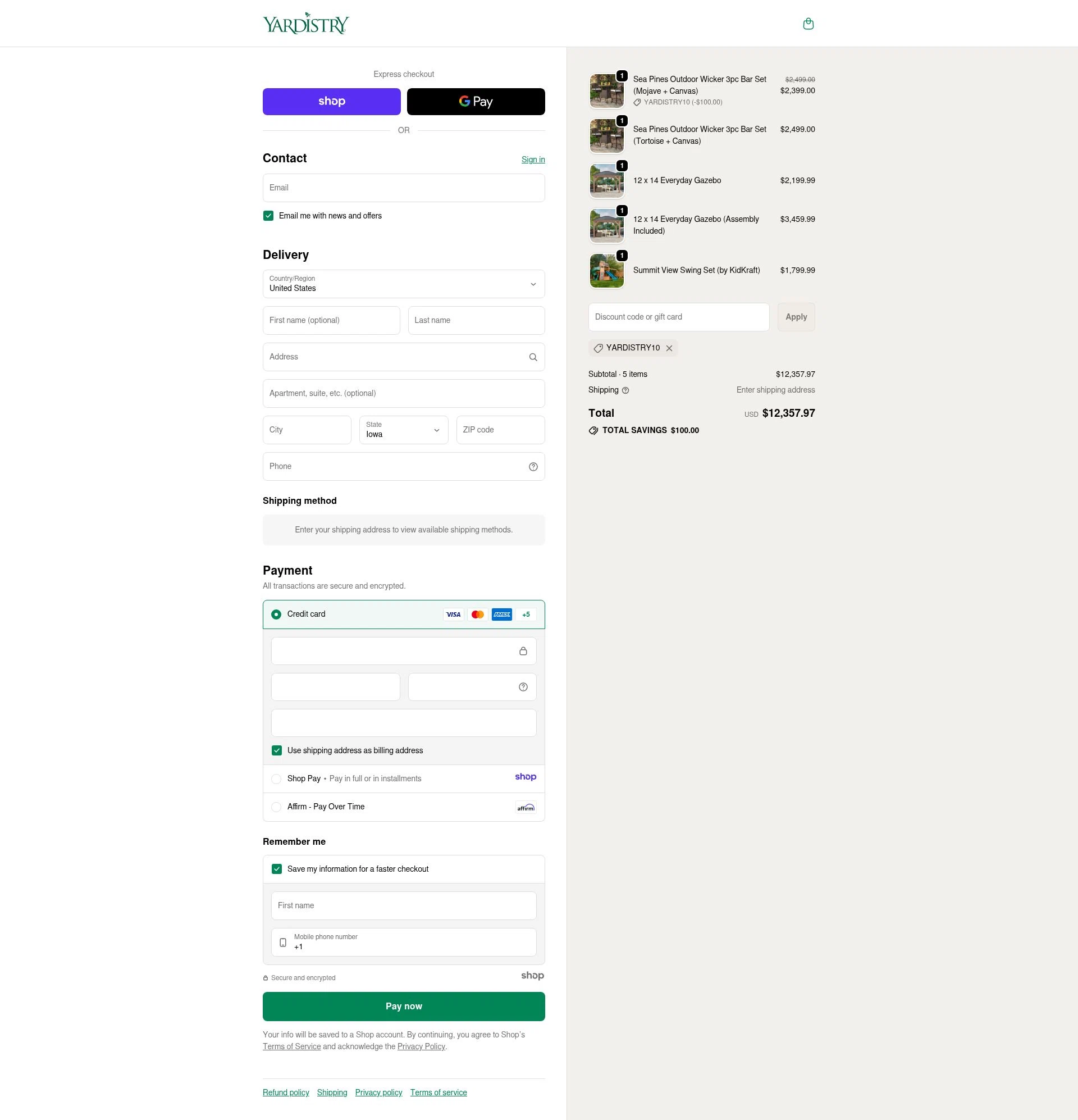 Yardistry Structures checkout page showing Yardistry Structures promo code box | Screenshot taken by SimplyCodes community member on Dec 15, 2025