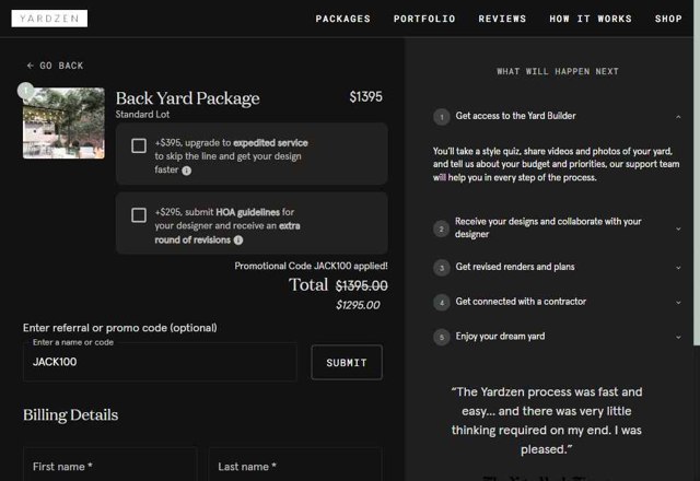 Yardzen checkout page showing Yardzen promo code box | Screenshot taken by SimplyCodes community member on Jul 23, 2025