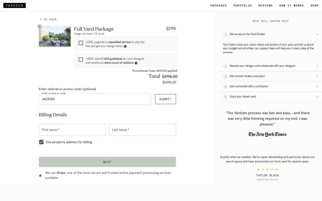 Yardzen checkout page showing Yardzen promo code box | Screenshot taken by SimplyCodes community member on Jul 23, 2025