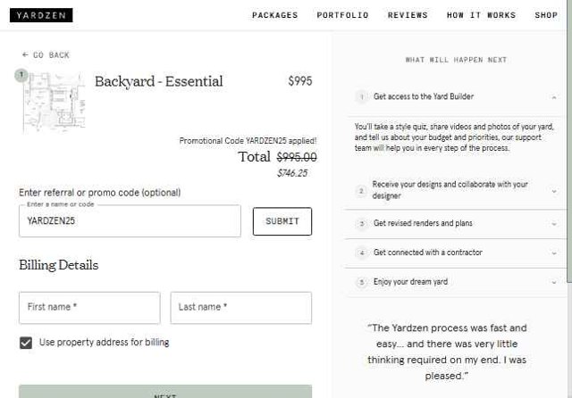Yardzen checkout page showing Yardzen promo code box | Screenshot taken by SimplyCodes community member on Aug 18, 2025
