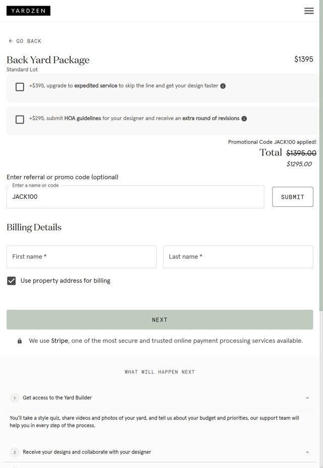 Yardzen checkout page showing Yardzen promo code box | Screenshot taken by SimplyCodes community member on Jul 23, 2025