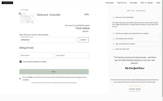 Yardzen checkout page showing Yardzen promo code box | Screenshot taken by SimplyCodes community member on Sep 4, 2025