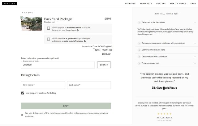 Yardzen checkout page showing Yardzen promo code box | Screenshot taken by SimplyCodes community member on Jul 23, 2025