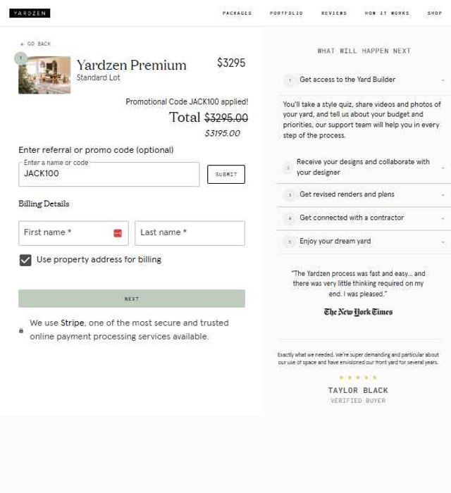 Yardzen checkout page showing Yardzen promo code box | Screenshot taken by SimplyCodes community member on Jul 23, 2025