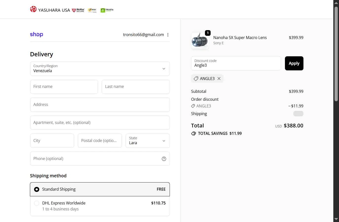 Yasuhara USA checkout page showing Yasuhara USA promo code box | Screenshot taken by SimplyCodes community member on Feb 4, 2026