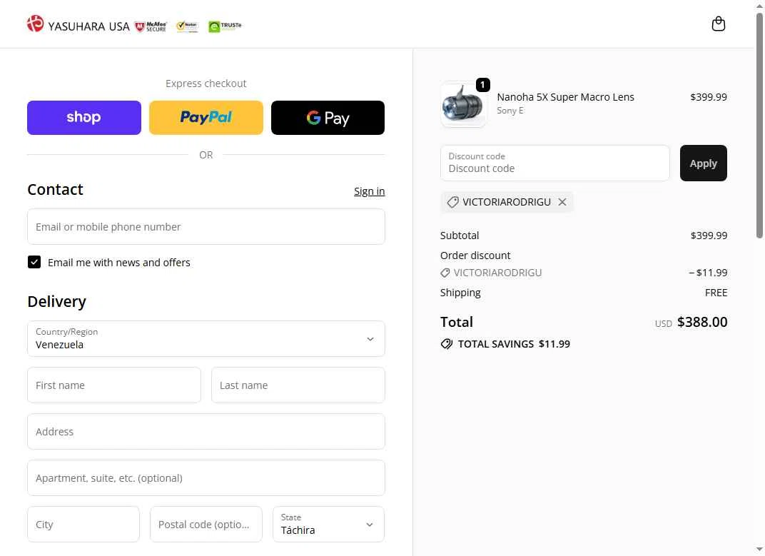 Yasuhara USA checkout page showing Yasuhara USA promo code box | Screenshot taken by SimplyCodes community member on Feb 12, 2026