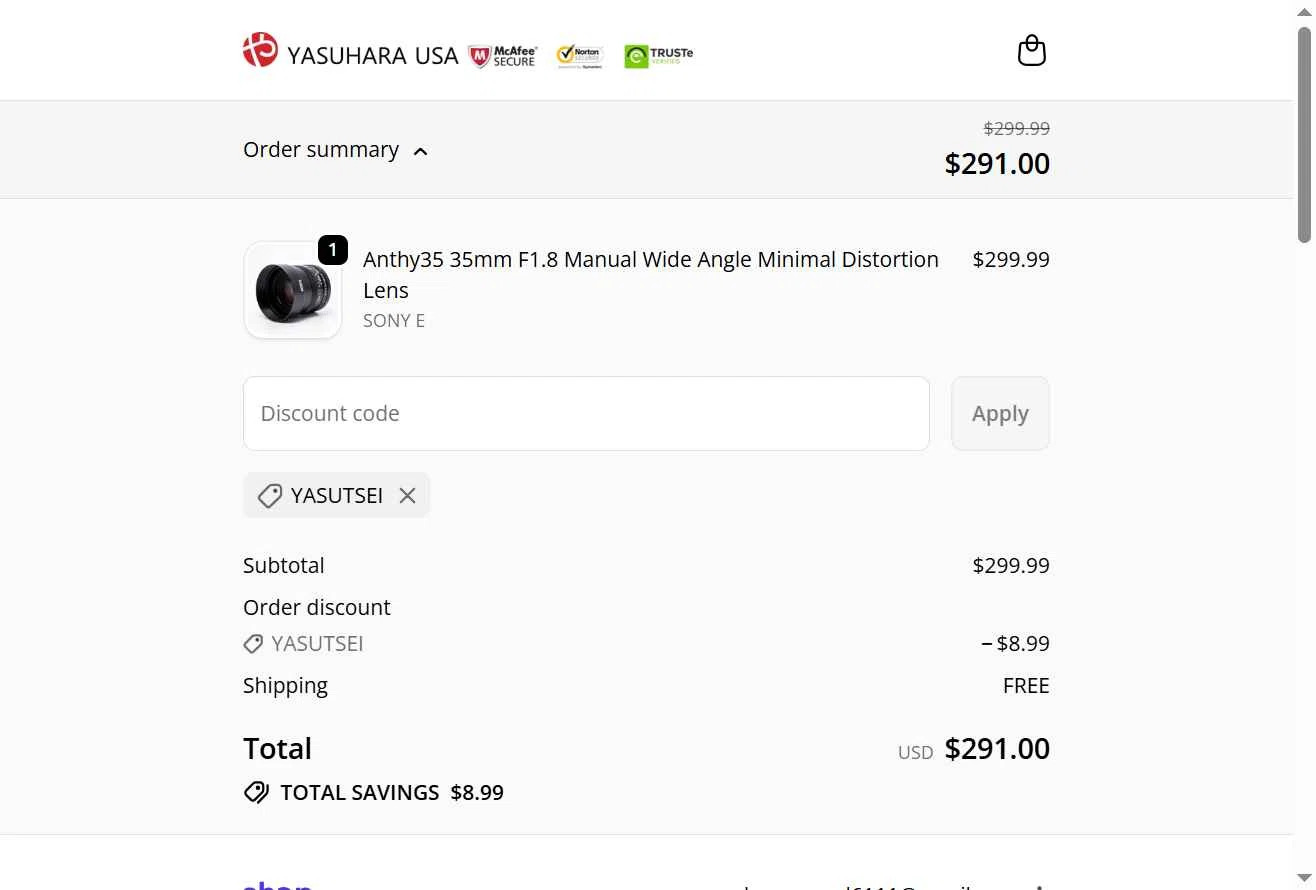 Yasuhara USA checkout page showing Yasuhara USA promo code box | Screenshot taken by SimplyCodes community member on Feb 4, 2026