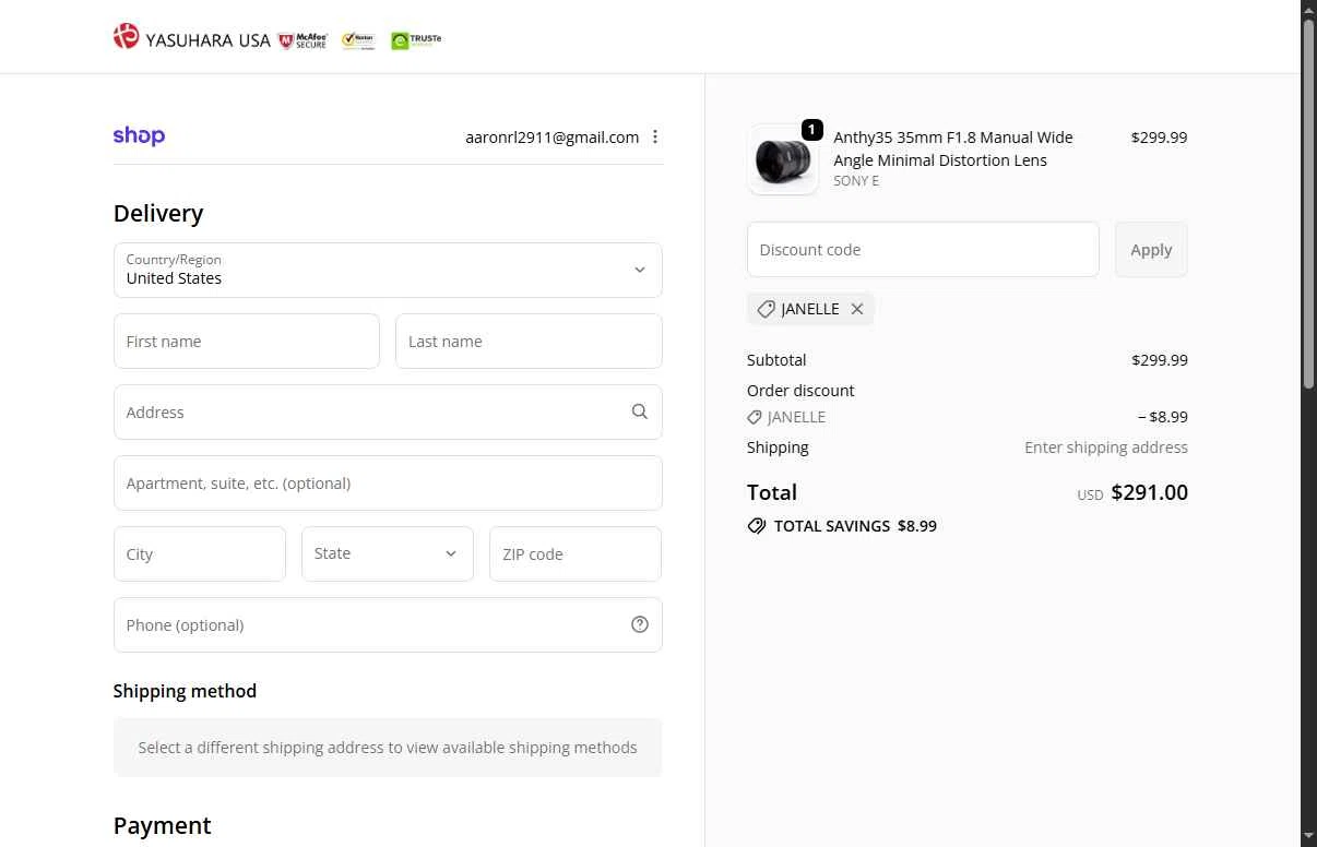 Yasuhara USA checkout page showing Yasuhara USA promo code box | Screenshot taken by SimplyCodes community member on Feb 9, 2026