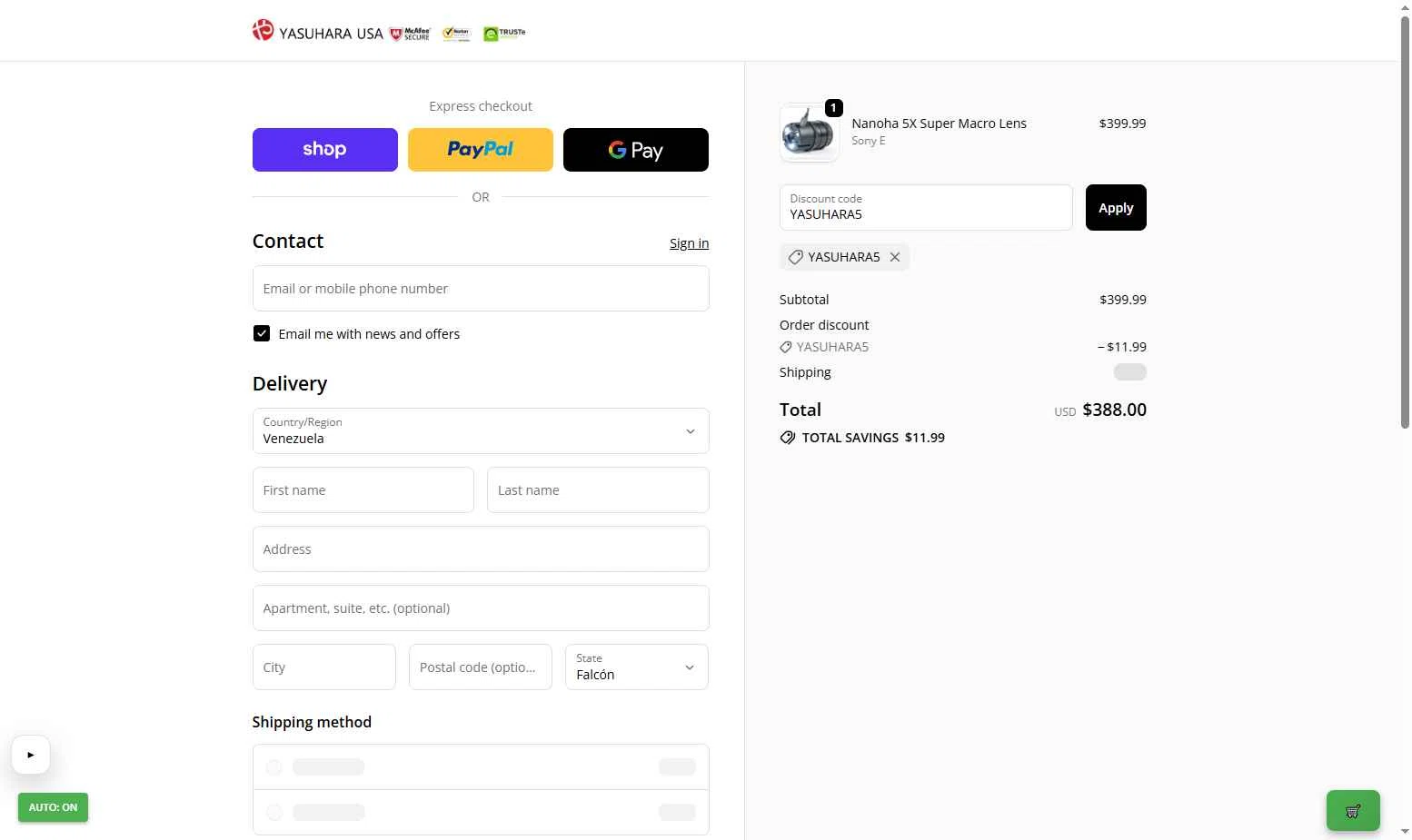 Yasuhara USA checkout page showing Yasuhara USA promo code box | Screenshot taken by SimplyCodes community member on Feb 9, 2026