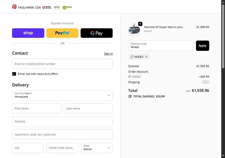 Yasuhara USA checkout page showing Yasuhara USA promo code box | Screenshot taken by SimplyCodes community member on Feb 5, 2026