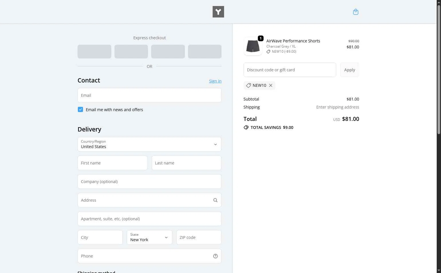 Y Athletics checkout page showing Y Athletics discount code box | Screenshot taken by SimplyCodes community member on Nov 20, 2025