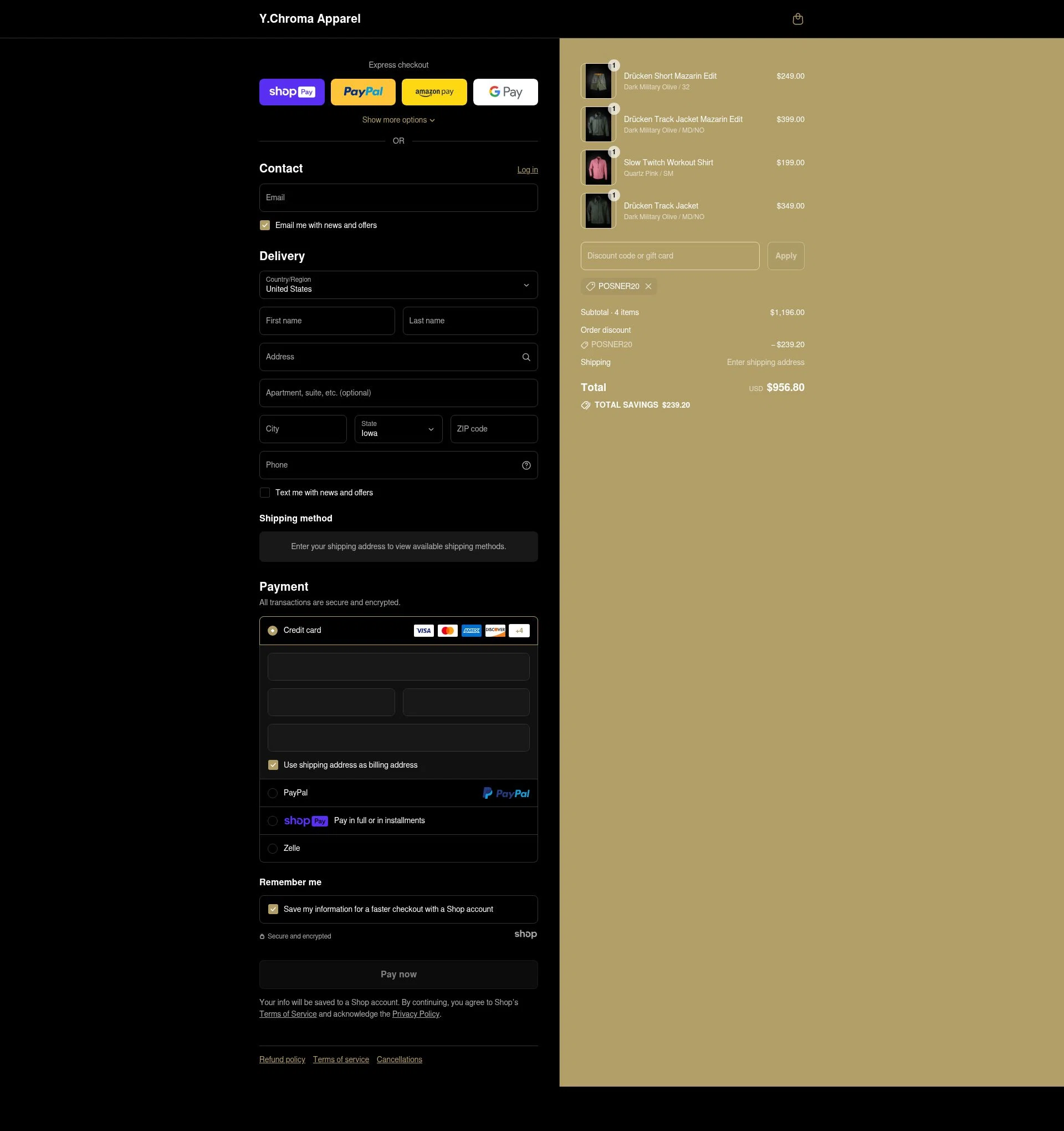 Y.Chroma Apparel checkout page showing Y.Chroma Apparel promo code box | Screenshot taken by SimplyCodes community member on Jul 31, 2025