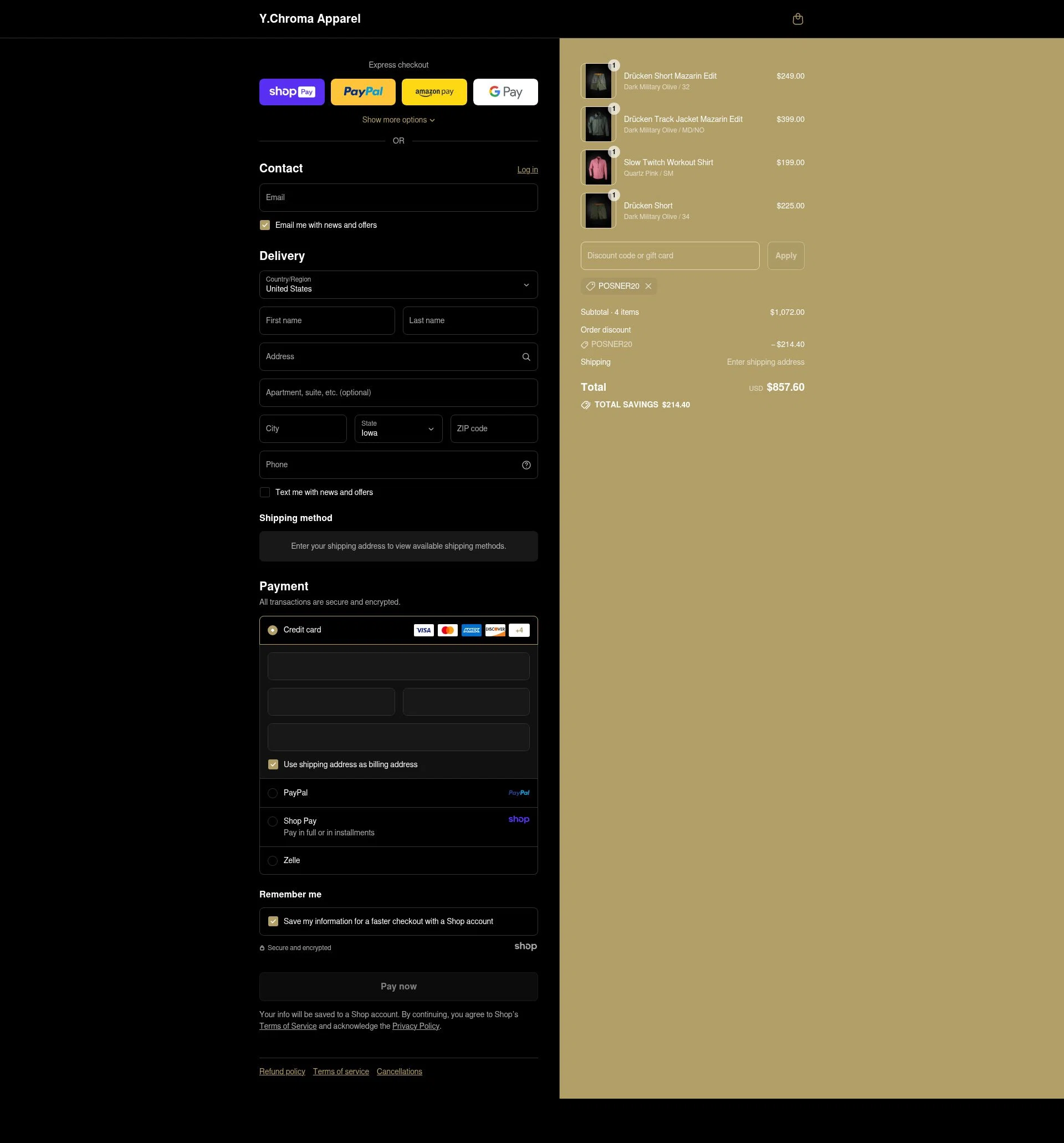 Y.Chroma Apparel checkout page showing Y.Chroma Apparel promo code box | Screenshot taken by SimplyCodes community member on Aug 17, 2025