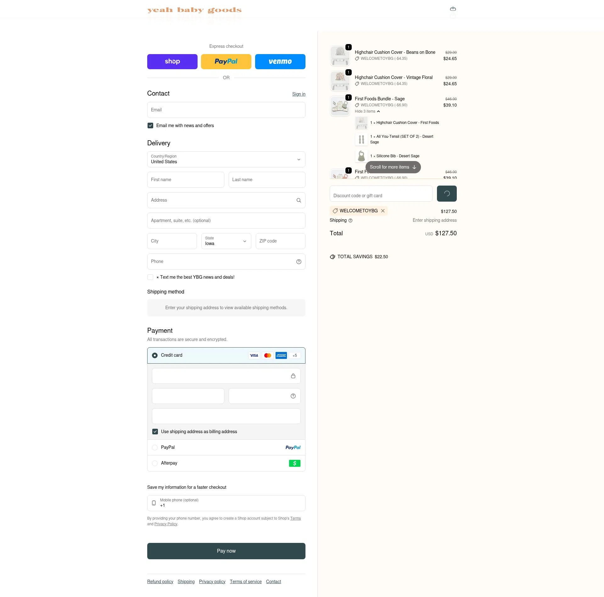 Yeah Baby Goods checkout page showing Yeah Baby Goods discount code box | Screenshot taken by SimplyCodes community member on Feb 6, 2026