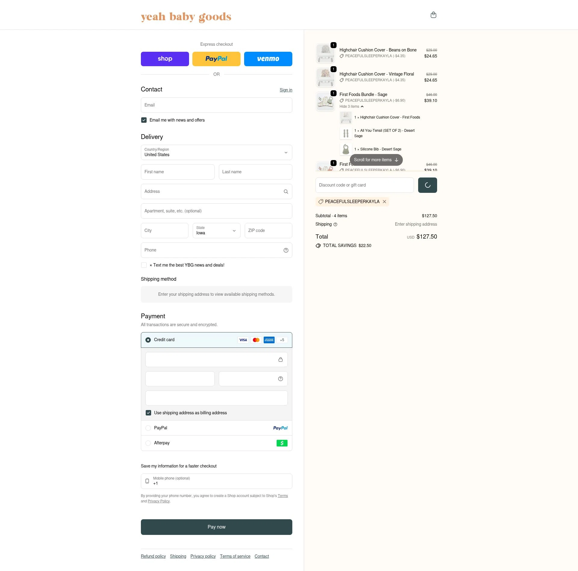 Yeah Baby Goods checkout page showing Yeah Baby Goods discount code box | Screenshot taken by SimplyCodes community member on Feb 6, 2026