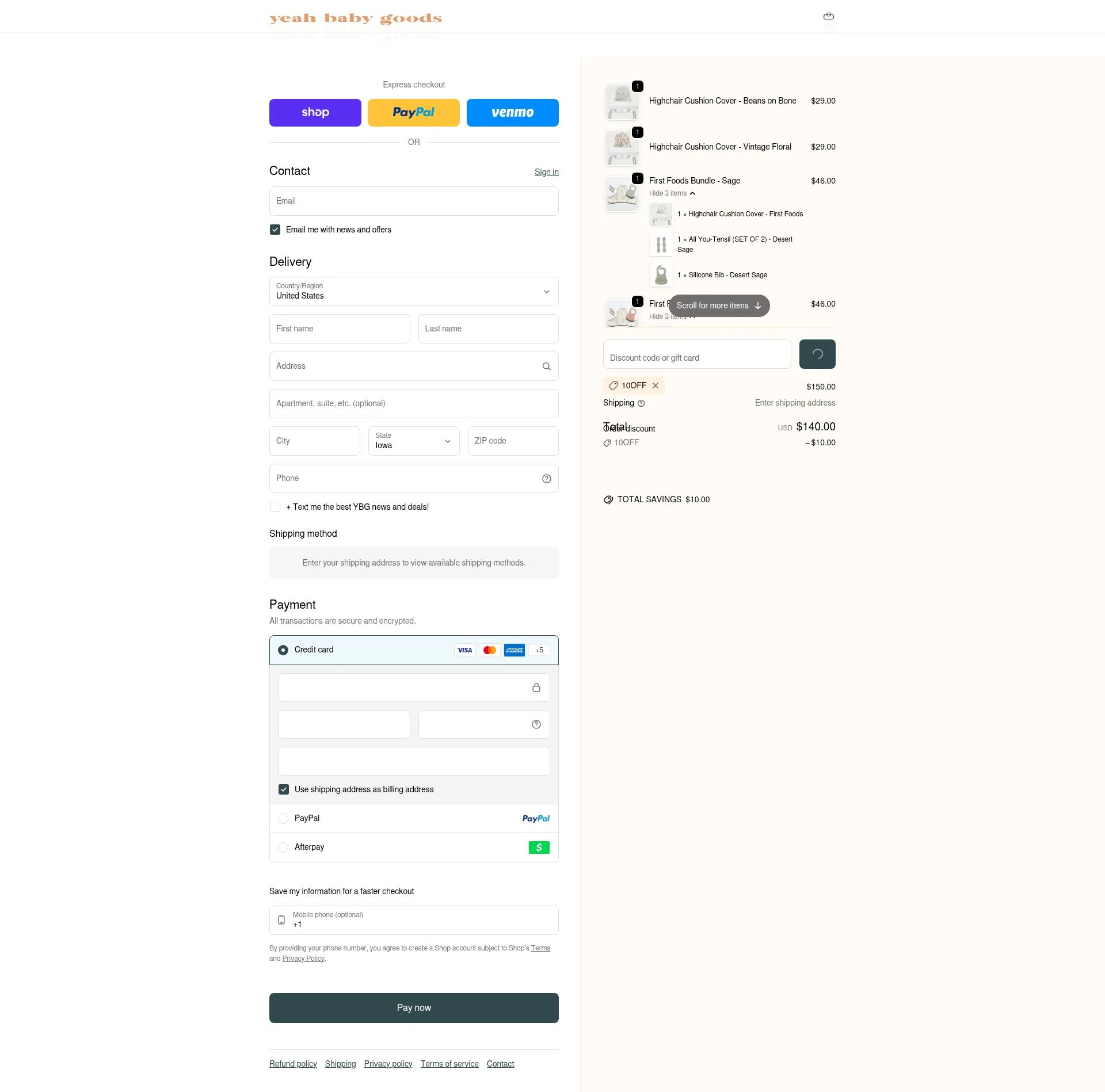 Yeah Baby Goods checkout page showing Yeah Baby Goods discount code box | Screenshot taken by SimplyCodes community member on Feb 6, 2026