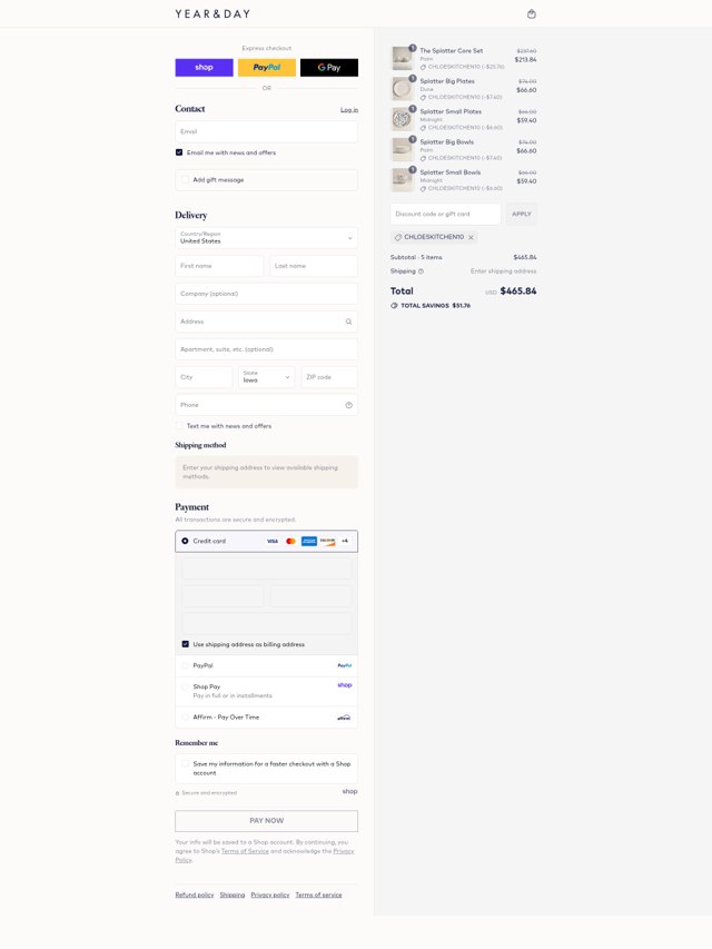 Year & Day checkout page showing Year & Day promo code box | Screenshot taken by SimplyCodes community member on Aug 29, 2025