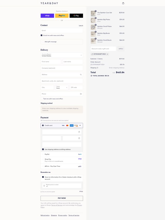 Year & Day checkout page showing Year & Day promo code box | Screenshot taken by SimplyCodes community member on Aug 29, 2025