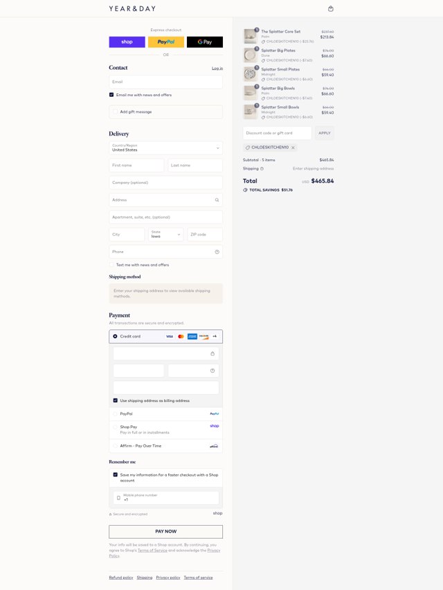 Year & Day checkout page showing Year & Day promo code box | Screenshot taken by SimplyCodes community member on Sep 2, 2025