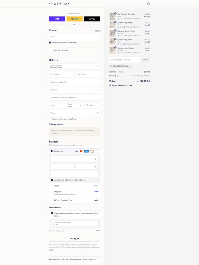 Year & Day checkout page showing Year & Day promo code box | Screenshot taken by SimplyCodes community member on Aug 29, 2025
