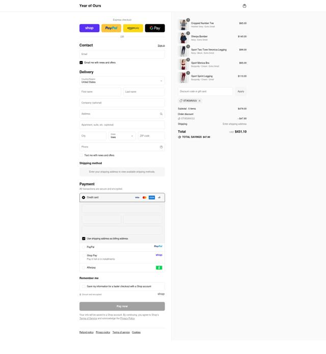 Year Of Ours checkout page showing Year Of Ours promo code box | Screenshot taken by SimplyCodes community member on Sep 13, 2025