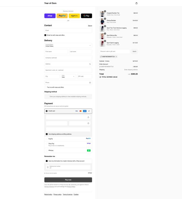 Year Of Ours checkout page showing Year Of Ours promo code box | Screenshot taken by SimplyCodes community member on Sep 13, 2025