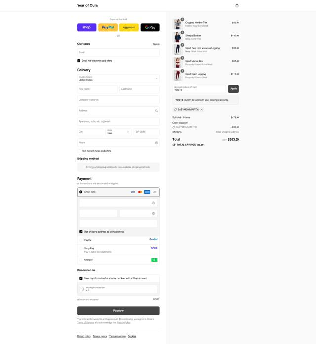 Year Of Ours checkout page showing Year Of Ours promo code box | Screenshot taken by SimplyCodes community member on Sep 9, 2025