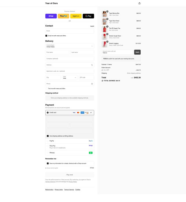 Year Of Ours checkout page showing Year Of Ours promo code box | Screenshot taken by SimplyCodes community member on Sep 5, 2025