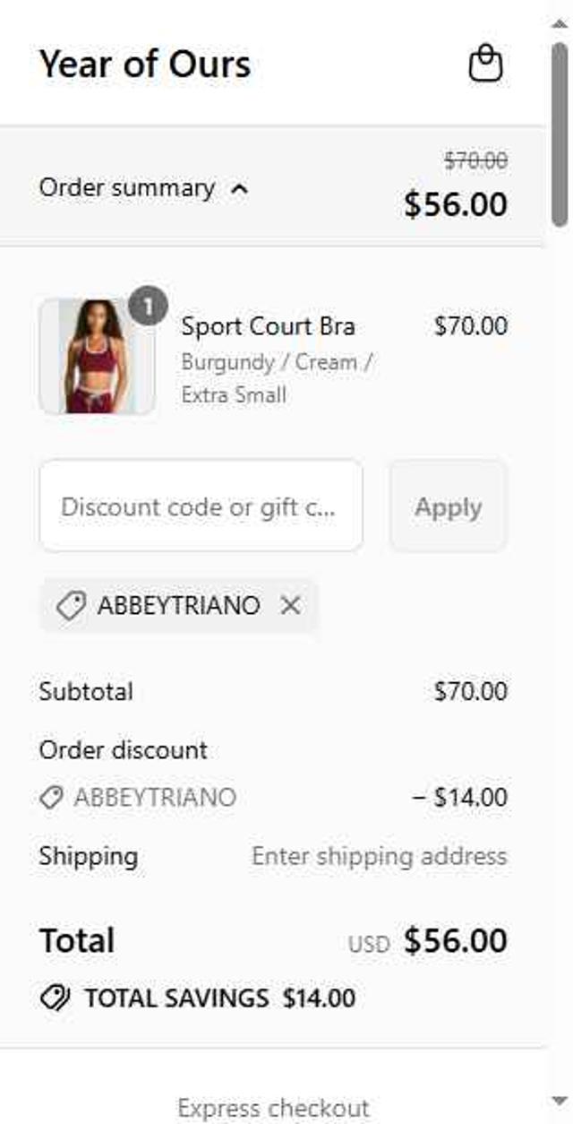 Year Of Ours checkout page showing Year Of Ours promo code box | Screenshot taken by SimplyCodes community member on Sep 5, 2025