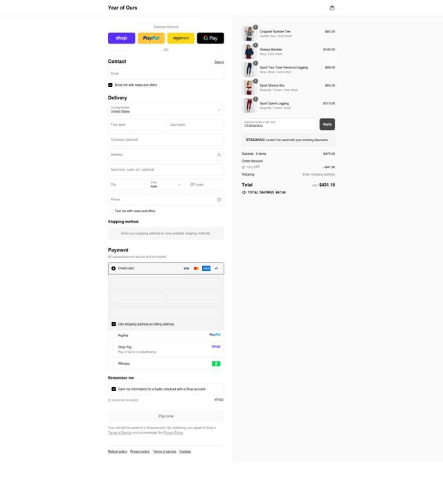Year Of Ours checkout page showing Year Of Ours promo code box | Screenshot taken by SimplyCodes community member on Sep 9, 2025