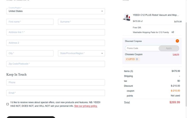 Yeedi checkout page showing Yeedi promo code box | Screenshot taken by SimplyCodes community member on Jul 25, 2025