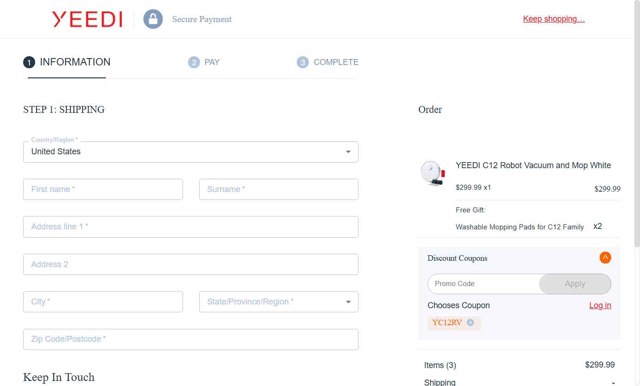 Yeedi checkout page showing Yeedi promo code box | Screenshot taken by SimplyCodes community member on Aug 23, 2025