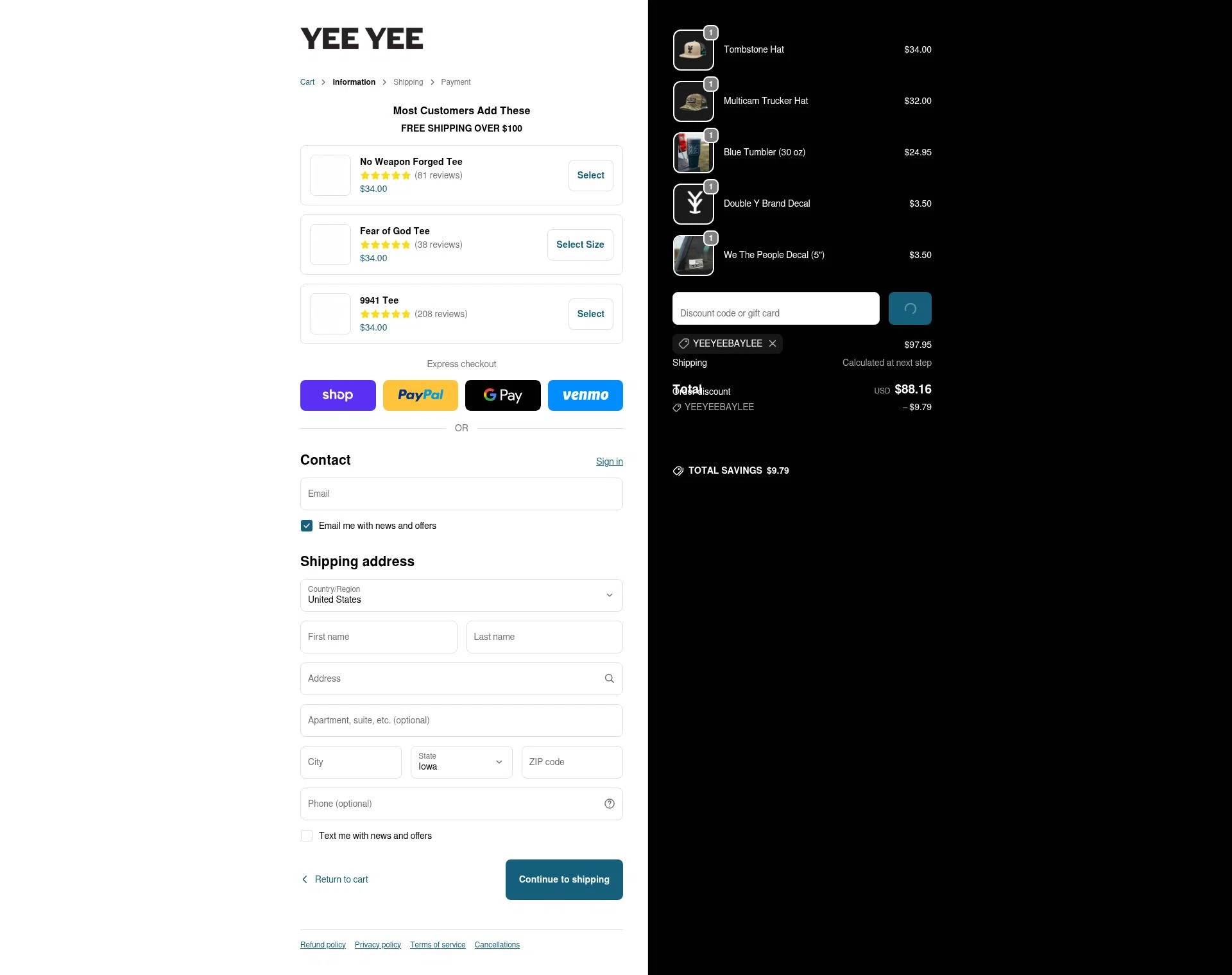 Yee Yee Apparel checkout page showing Yee Yee Apparel discount code box | Screenshot taken by SimplyCodes community member on Feb 19, 2026