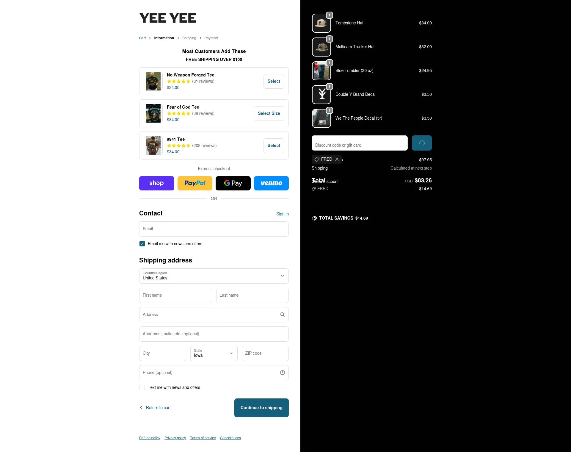 Yee Yee Apparel checkout page showing Yee Yee Apparel discount code box | Screenshot taken by SimplyCodes community member on Feb 19, 2026