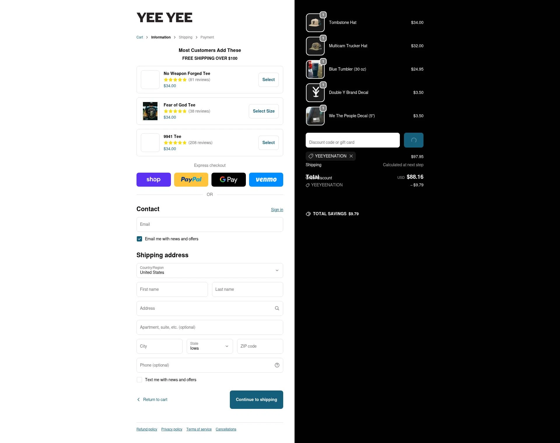 Yee Yee Apparel checkout page showing Yee Yee Apparel discount code box | Screenshot taken by SimplyCodes community member on Feb 19, 2026