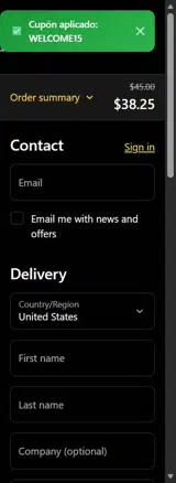 WELCOME15 coupon verification screenshot