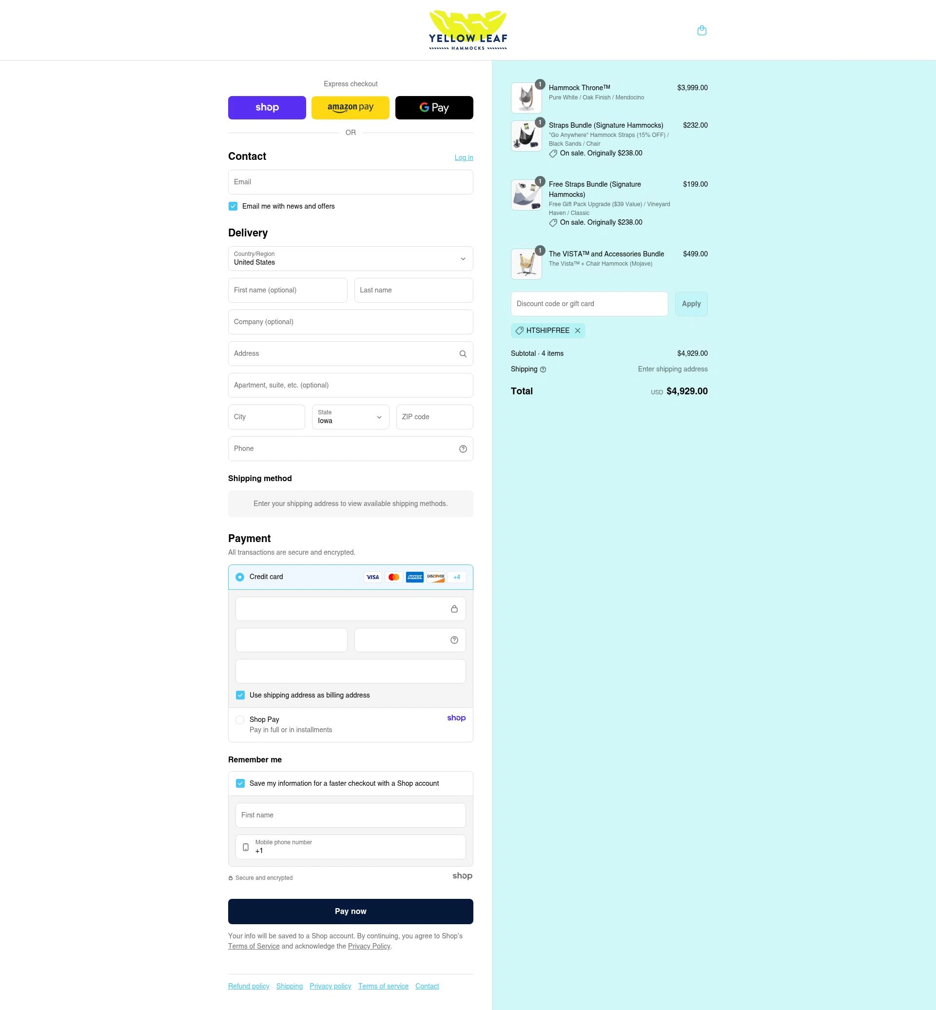 Yellow Leaf Hammocks checkout page showing Yellow Leaf Hammocks discount code box | Screenshot taken by SimplyCodes community member on Sep 2, 2025